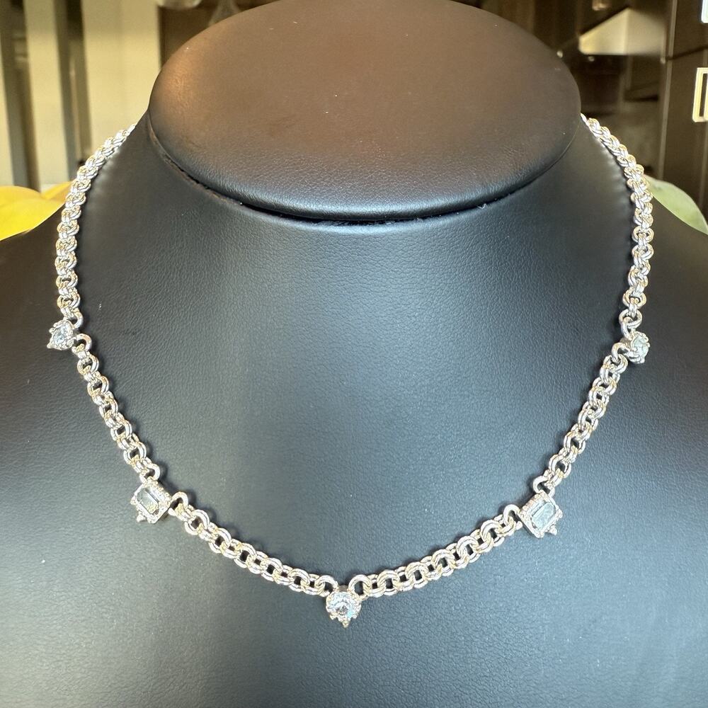 16” Rolo Chain Station Set Cubic Zirconia Silver Tone Rhodium Metal Necklace